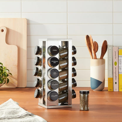 20 Jar Revolving Countertop Spice Rack with Spices Included, FREE Spice Refills for 5 Years, Polished Stainless Steel with Black Caps, 30020