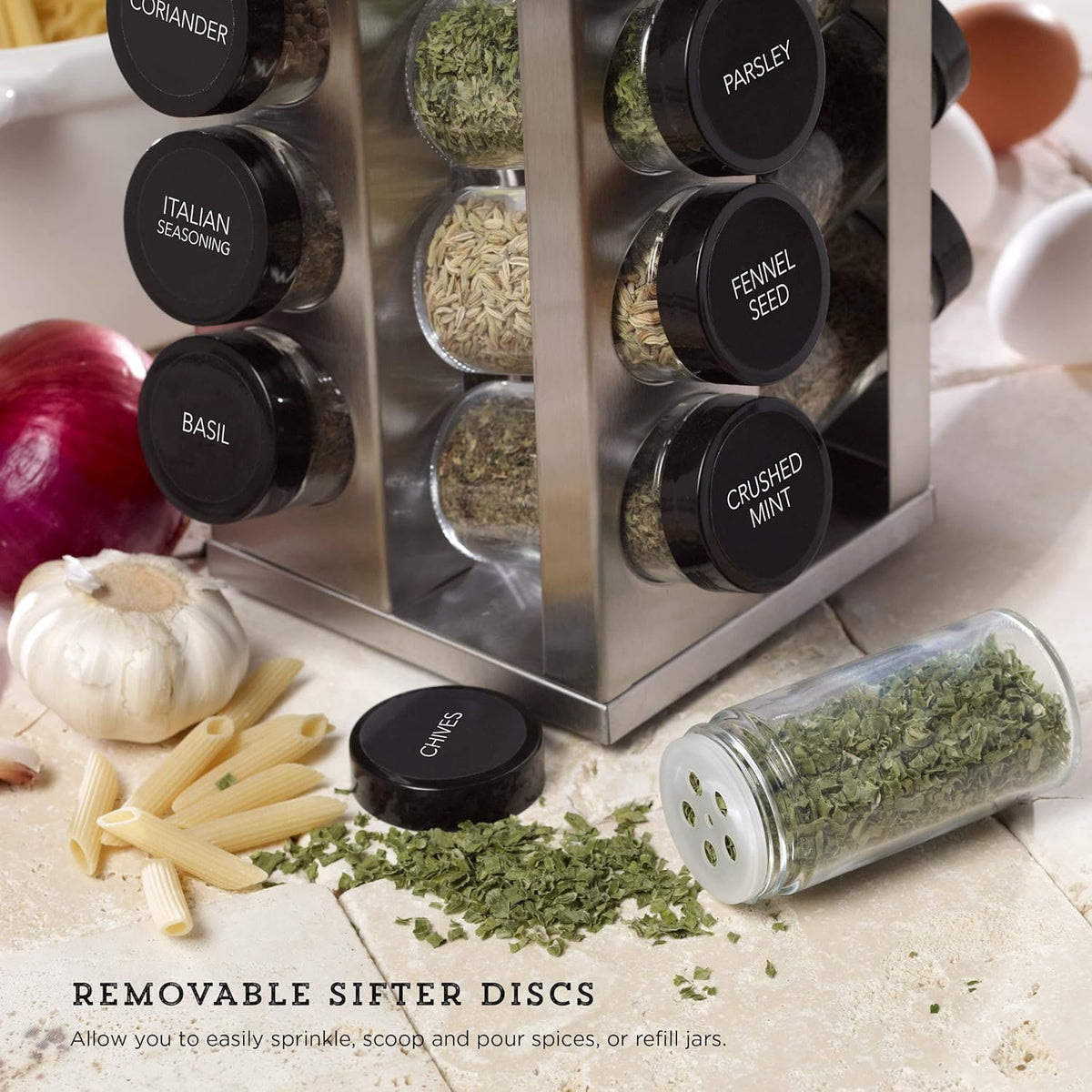 20 Jar Revolving Countertop Spice Rack with Spices Included, FREE Spice Refills for 5 Years, Polished Stainless Steel with Black Caps, 30020