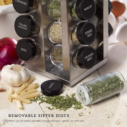 20 Jar Revolving Countertop Spice Rack with Spices Included, FREE Spice Refills for 5 Years, Polished Stainless Steel with Black Caps, 30020