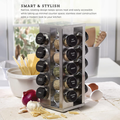 20 Jar Revolving Countertop Spice Rack with Spices Included, FREE Spice Refills for 5 Years, Polished Stainless Steel with Black Caps, 30020