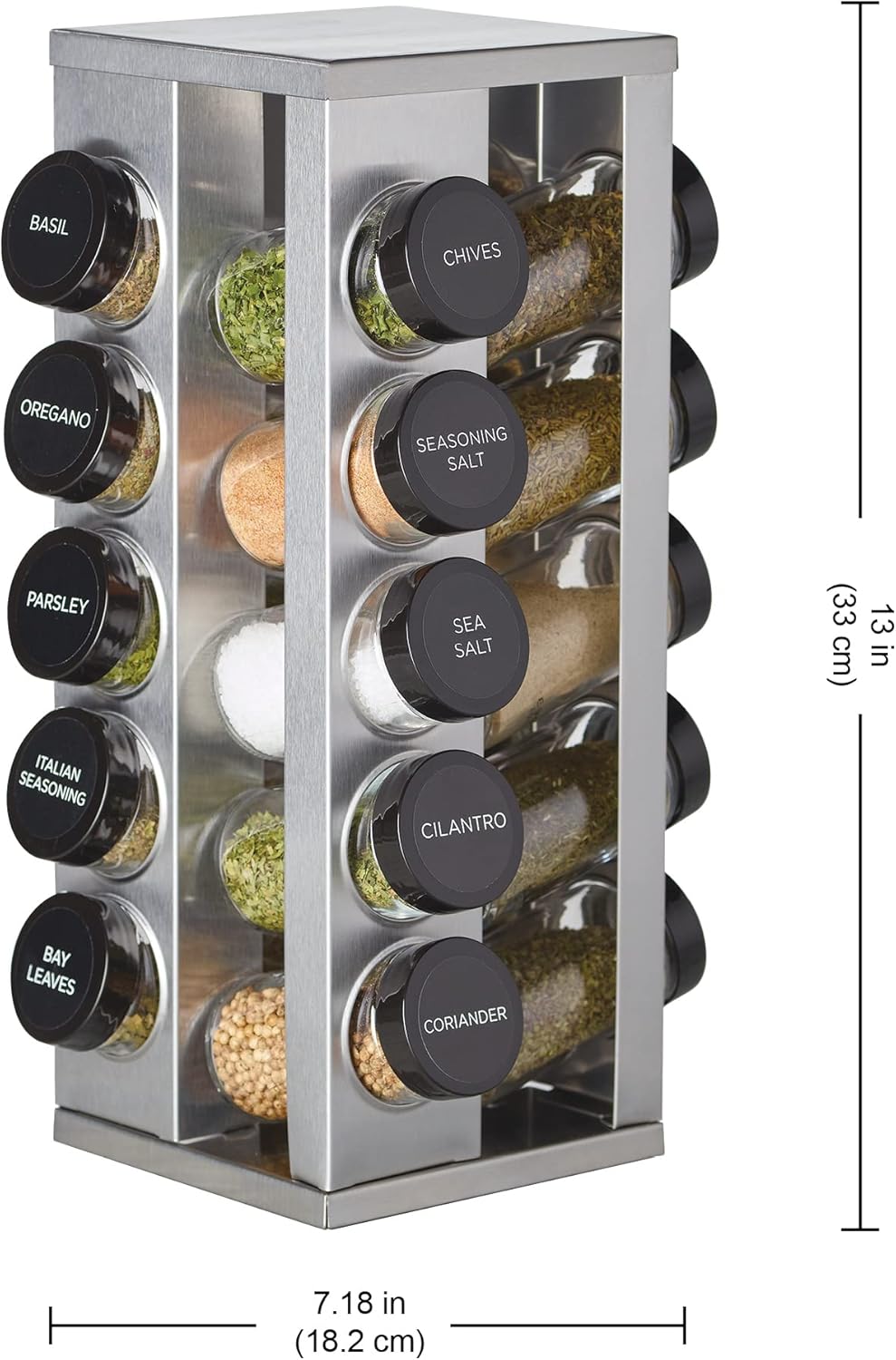 20 Jar Revolving Countertop Spice Rack with Spices Included, FREE Spice Refills for 5 Years, Polished Stainless Steel with Black Caps, 30020