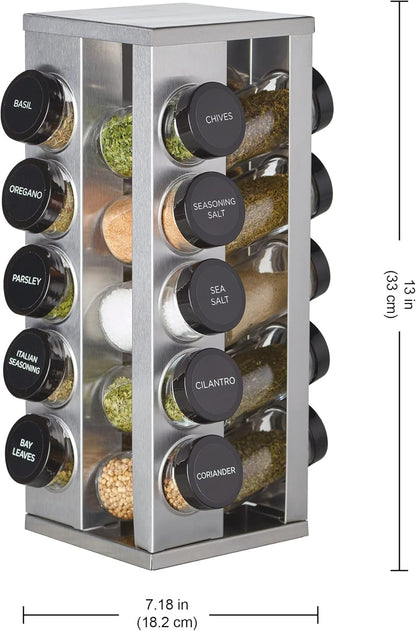20 Jar Revolving Countertop Spice Rack with Spices Included, FREE Spice Refills for 5 Years, Polished Stainless Steel with Black Caps, 30020
