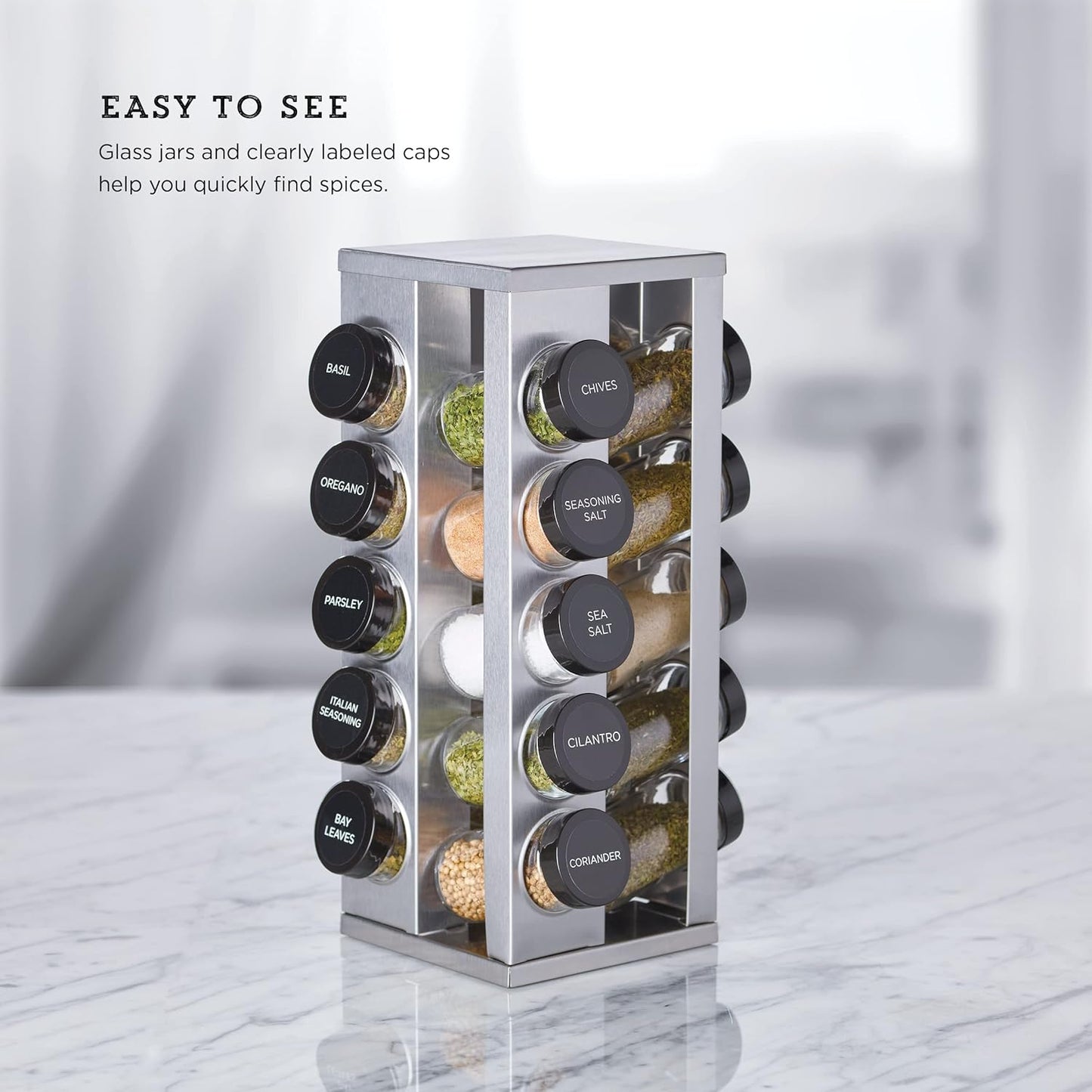 20 Jar Revolving Countertop Spice Rack with Spices Included, FREE Spice Refills for 5 Years, Polished Stainless Steel with Black Caps, 30020