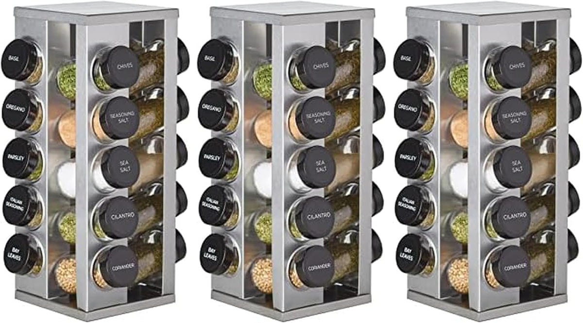 20 Jar Revolving Countertop Spice Rack with Spices Included, FREE Spice Refills for 5 Years, Polished Stainless Steel with Black Caps, 30020