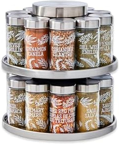 20 Jar Revolving Countertop Spice Rack with Spices Included, FREE Spice Refills for 5 Years, Polished Stainless Steel with Black Caps, 30020