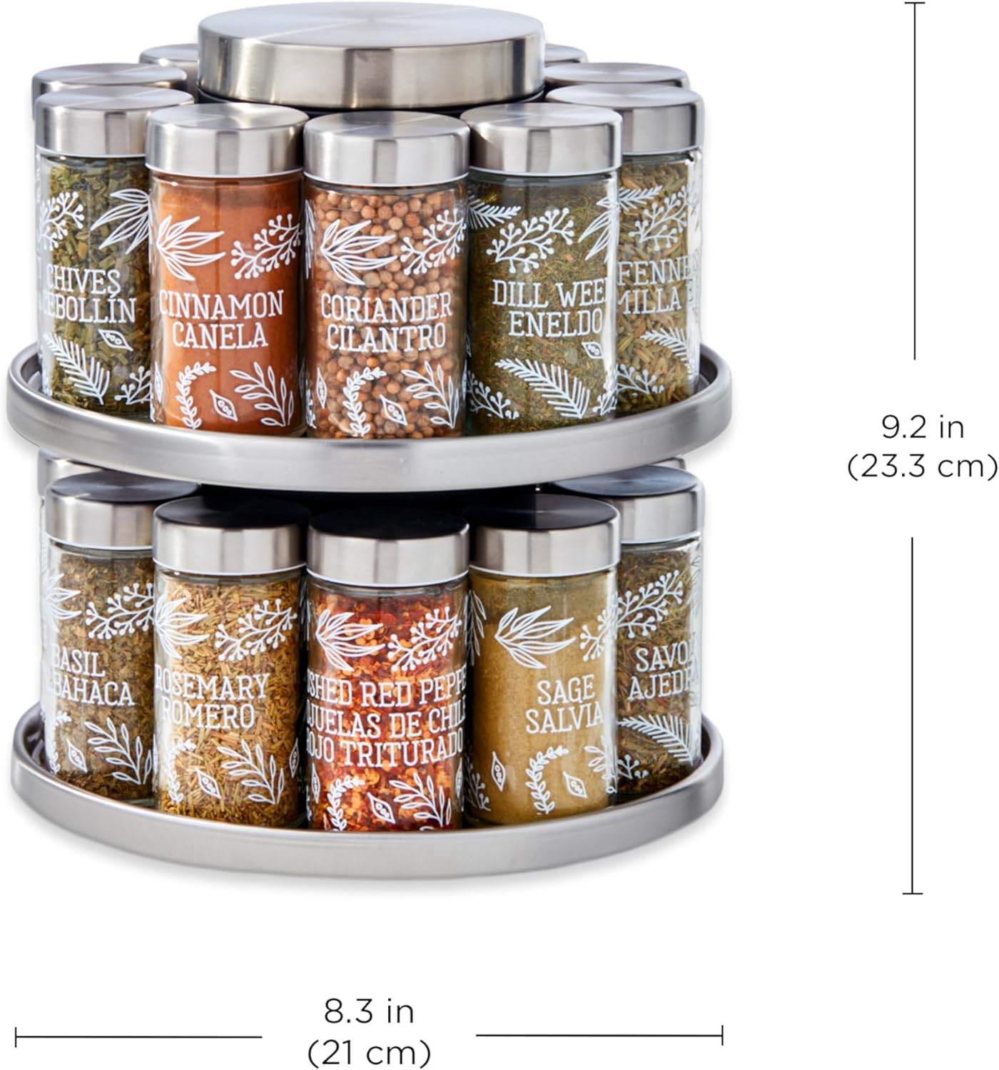 20 Jar Revolving Countertop Spice Rack with Spices Included, FREE Spice Refills for 5 Years, Polished Stainless Steel with Black Caps, 30020