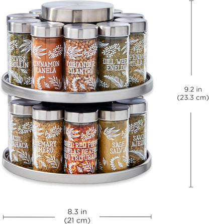 20 Jar Revolving Countertop Spice Rack with Spices Included, FREE Spice Refills for 5 Years, Polished Stainless Steel with Black Caps, 30020