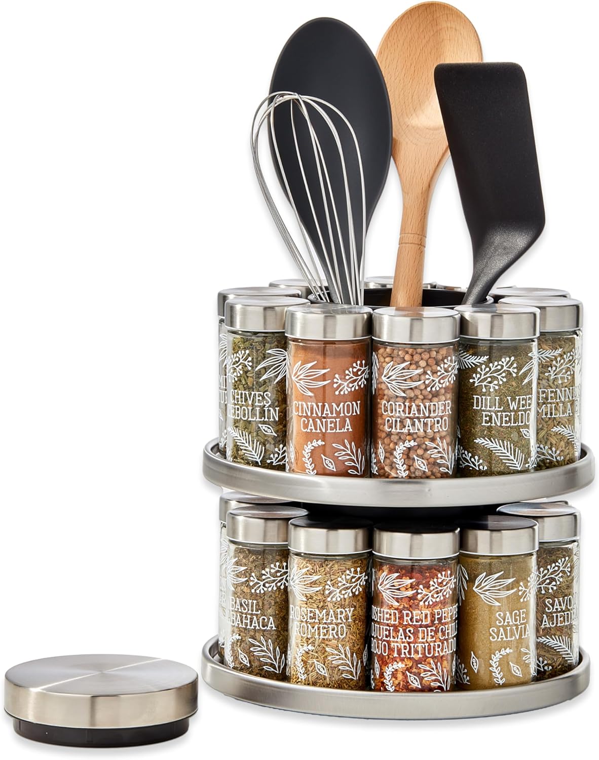 20 Jar Revolving Countertop Spice Rack with Spices Included, FREE Spice Refills for 5 Years, Polished Stainless Steel with Black Caps, 30020