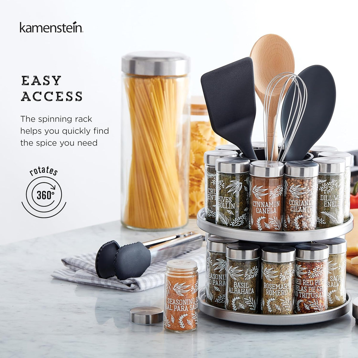 20 Jar Revolving Countertop Spice Rack with Spices Included, FREE Spice Refills for 5 Years, Polished Stainless Steel with Black Caps, 30020