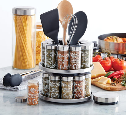 20 Jar Revolving Countertop Spice Rack with Spices Included, FREE Spice Refills for 5 Years, Polished Stainless Steel with Black Caps, 30020