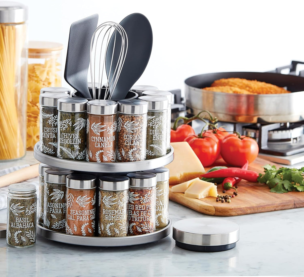 20 Jar Revolving Countertop Spice Rack with Spices Included, FREE Spice Refills for 5 Years, Polished Stainless Steel with Black Caps, 30020