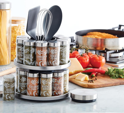 20 Jar Revolving Countertop Spice Rack with Spices Included, FREE Spice Refills for 5 Years, Polished Stainless Steel with Black Caps, 30020