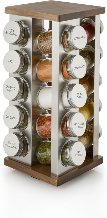 20 Jar Revolving Countertop Spice Rack with Spices Included, FREE Spice Refills for 5 Years, Polished Stainless Steel with Black Caps, 30020