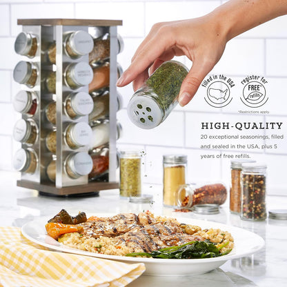 20 Jar Revolving Countertop Spice Rack with Spices Included, FREE Spice Refills for 5 Years, Polished Stainless Steel with Black Caps, 30020