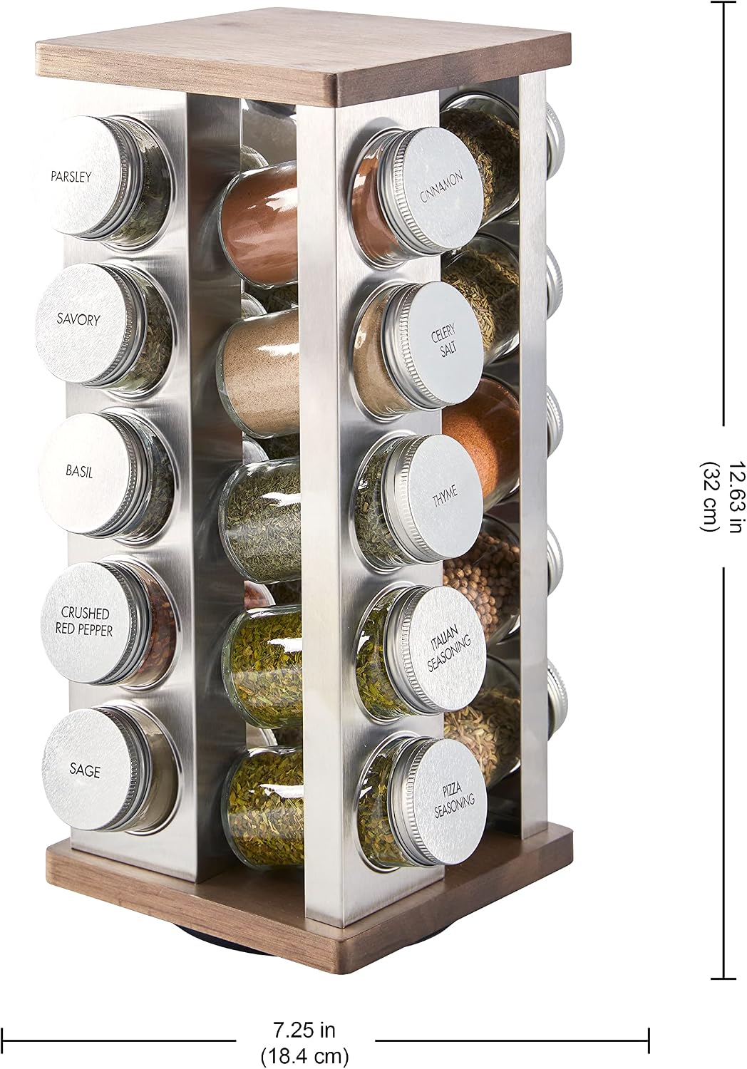 20 Jar Revolving Countertop Spice Rack with Spices Included, FREE Spice Refills for 5 Years, Polished Stainless Steel with Black Caps, 30020