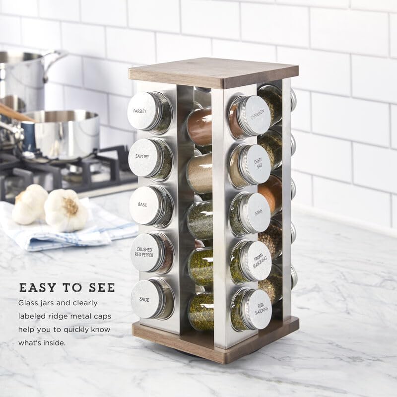20 Jar Revolving Countertop Spice Rack with Spices Included, FREE Spice Refills for 5 Years, Polished Stainless Steel with Black Caps, 30020