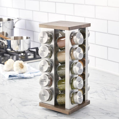 20 Jar Revolving Countertop Spice Rack with Spices Included, FREE Spice Refills for 5 Years, Polished Stainless Steel with Black Caps, 30020