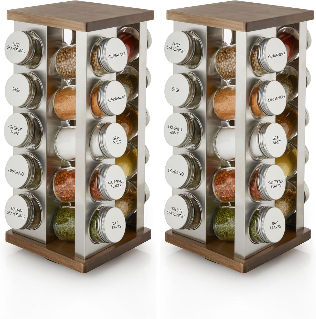 20 Jar Revolving Countertop Spice Rack with Spices Included, FREE Spice Refills for 5 Years, Polished Stainless Steel with Black Caps, 30020