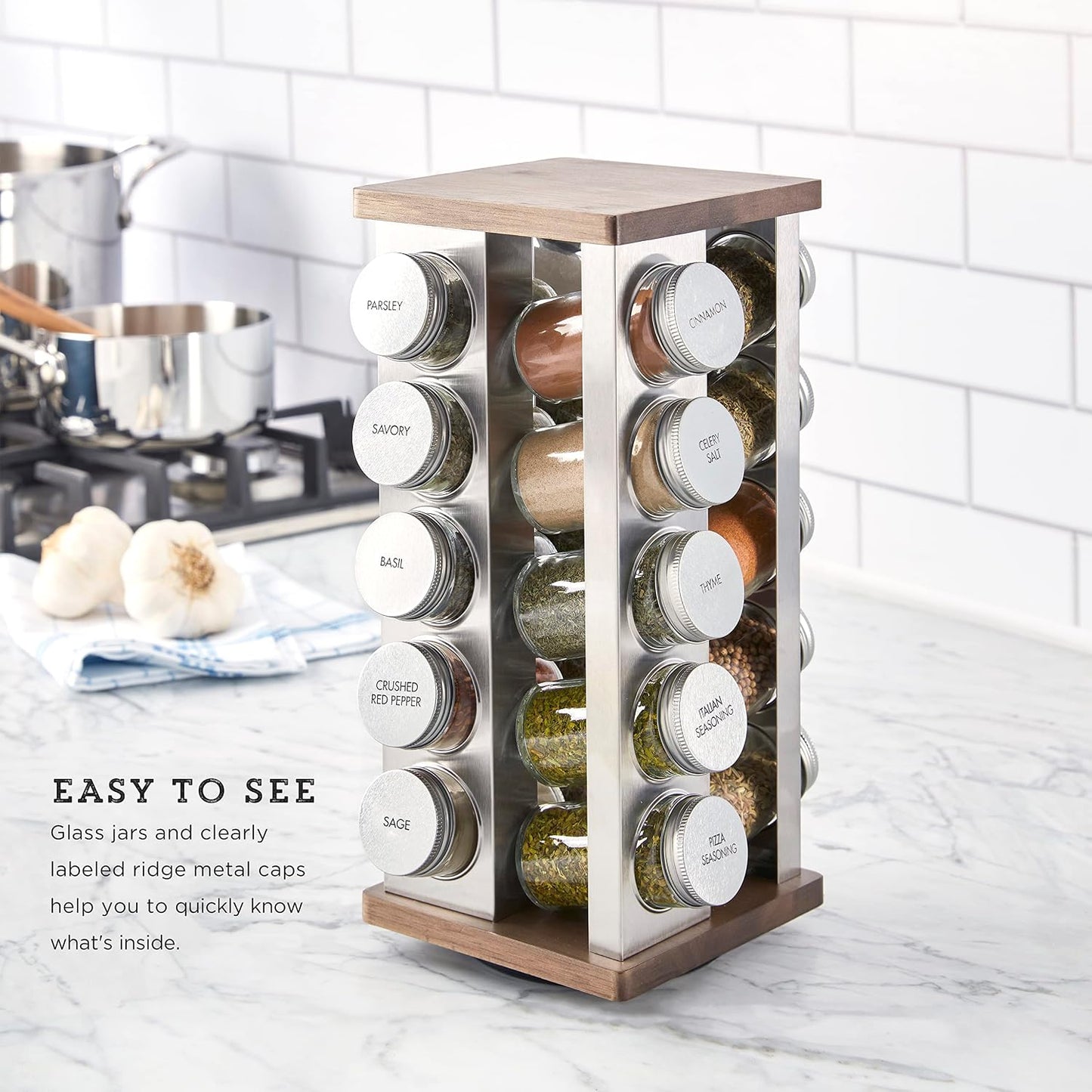 20 Jar Revolving Countertop Spice Rack with Spices Included, FREE Spice Refills for 5 Years, Polished Stainless Steel with Black Caps, 30020