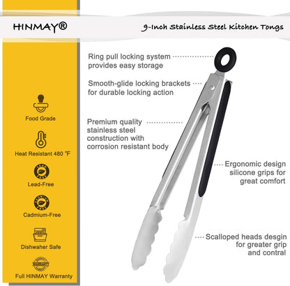 Stainless Steel Kitchen Tongs 9-Inch Cooking Tongs, Set of 3