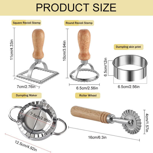 Ravioli Pasta Cutter Wheel Set of 5, Ravioli Makers with Roller Ravioli Stamp Cutter Set with Wooden Handle, Pasta Press Wheel Pasta Maker Tools For Pasta Making Dumplings, Pierogi (Silver)