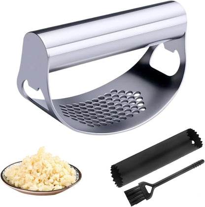 Stainless Steel Garlic Press Rocke, 2026 NEW Garlic Mincer and Garlic Crusher Tool, Easy-Squeeze Manual Garlic Crusher with Peeler and Cleaning Brush, Garlic Chopper Home Kitchen Gadgets (Silver)