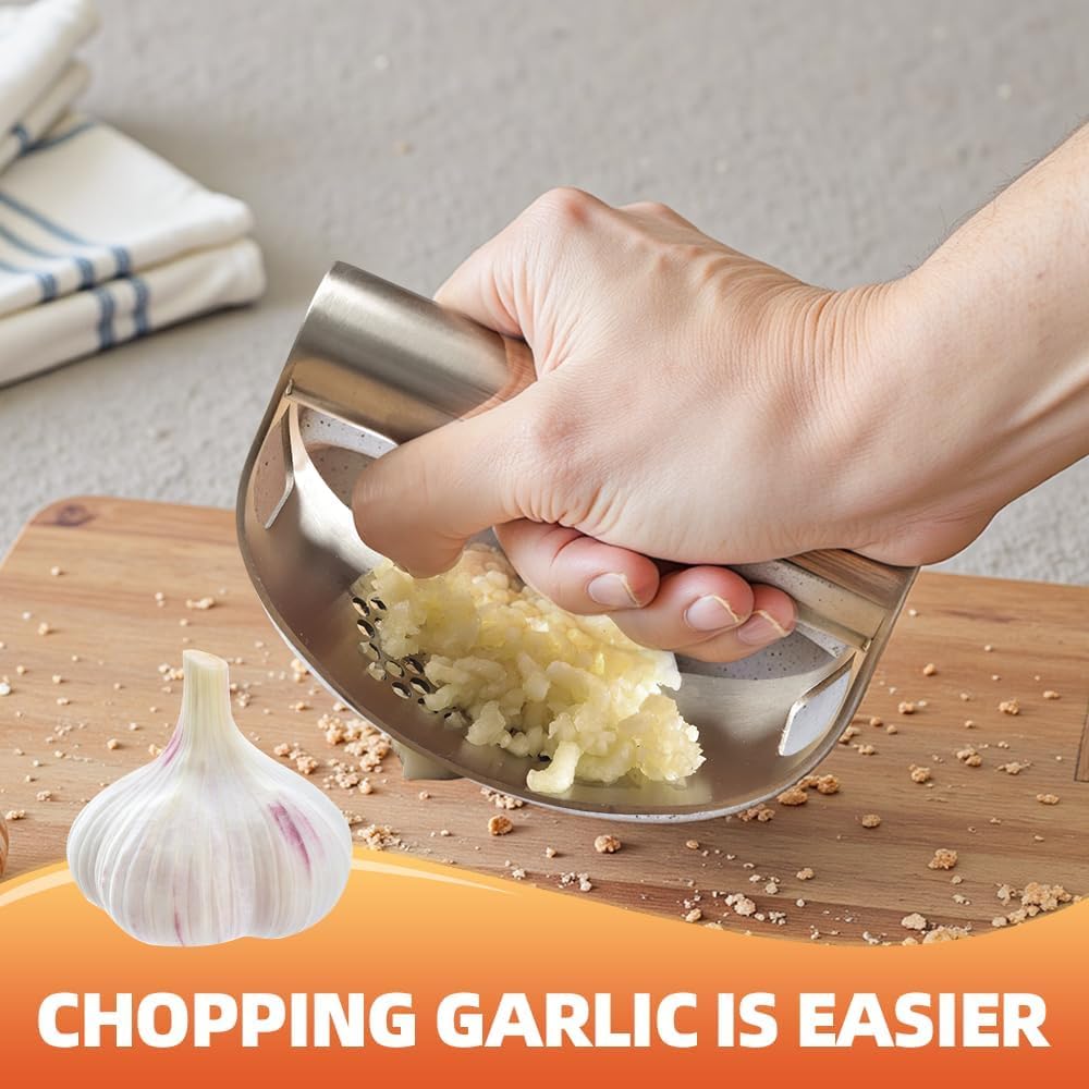 Stainless Steel Garlic Press Rocke, 2026 NEW Garlic Mincer and Garlic Crusher Tool, Easy-Squeeze Manual Garlic Crusher with Peeler and Cleaning Brush, Garlic Chopper Home Kitchen Gadgets (Silver)