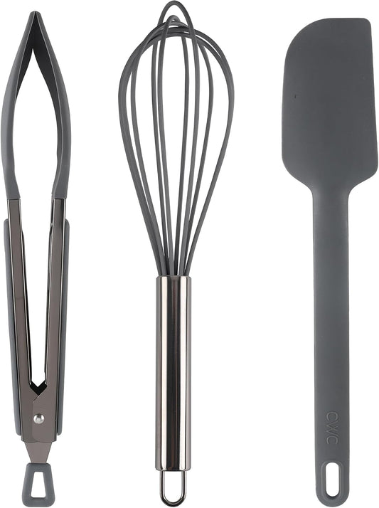 Stainless Steel Silicone Tipped Kitchen & BBQ Tongs Set, 3 Pc Utensils, Grey