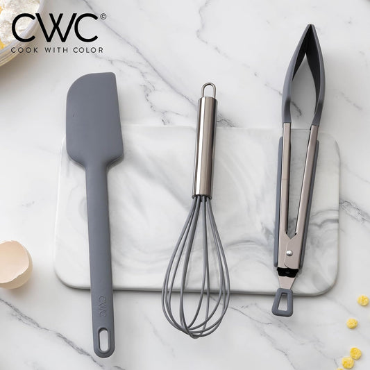 Stainless Steel Silicone Tipped Kitchen & BBQ Tongs Set, 3 Pc Utensils, Grey
