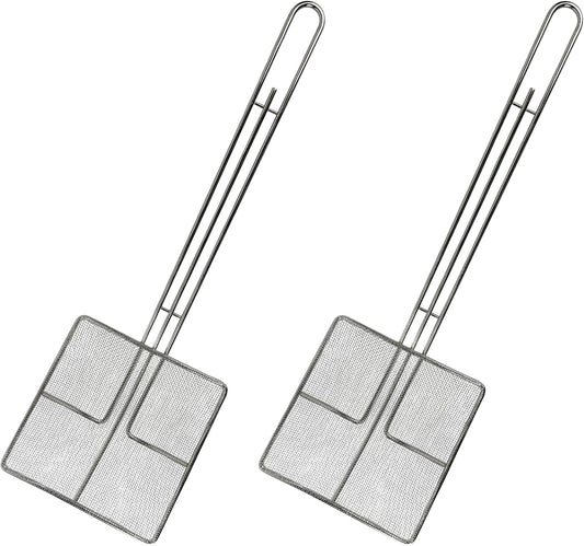 Wire Mesh Strainer with Long Handle | 2-Pack | 6.5" Square Frying Spoon | Cooking Oil Strainer for Deep Fryer & Professional Restaurant Use | Commercial Grease Skimmer