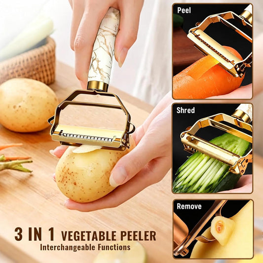 MULTI-FUNCTIONAL 3-IN-1 PEELER, Stainless Steel Peeler, Fruit, Potatoes Peeler for Kitchen,The three functions of peeling, shredding, digging holes are integrated with Ergonomic Non-Slip Handle(gold)