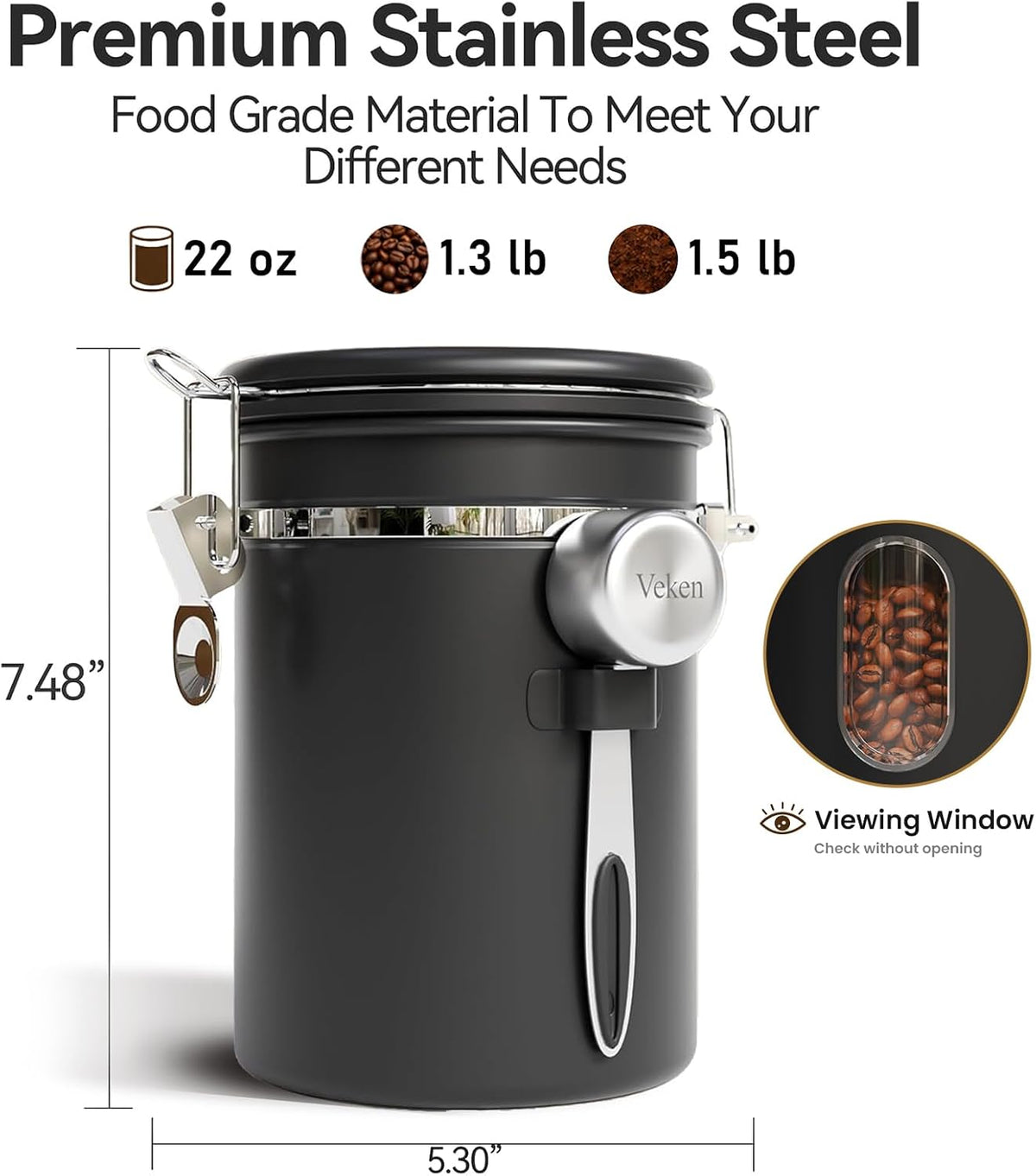 Coffee Canister with Window, Airtight Stainless Steel Container, 22OZ
