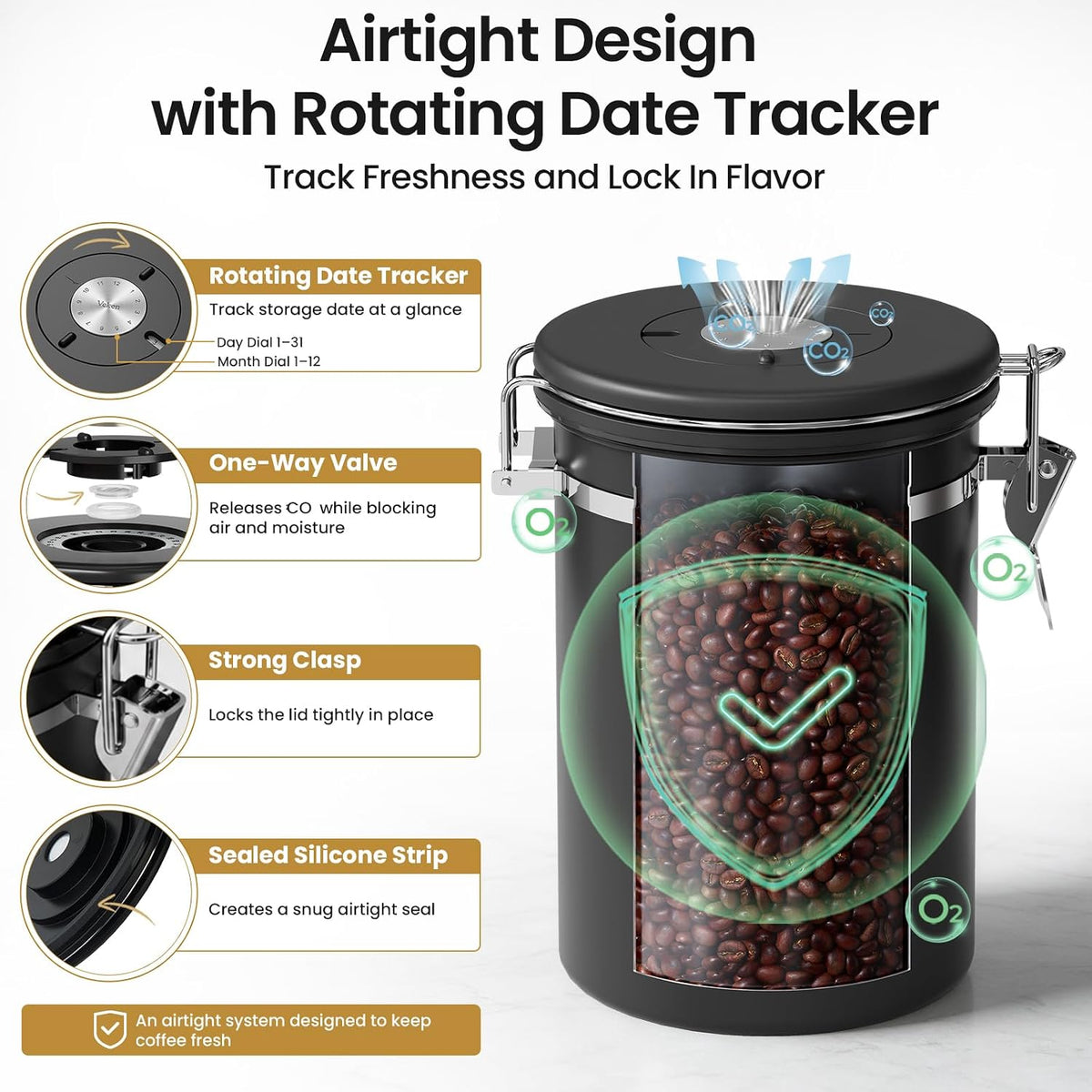 Coffee Canister with Window, Airtight Stainless Steel Container, 22OZ