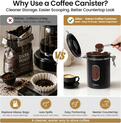 Coffee Canister with Window, Airtight Stainless Steel Container, 22OZ