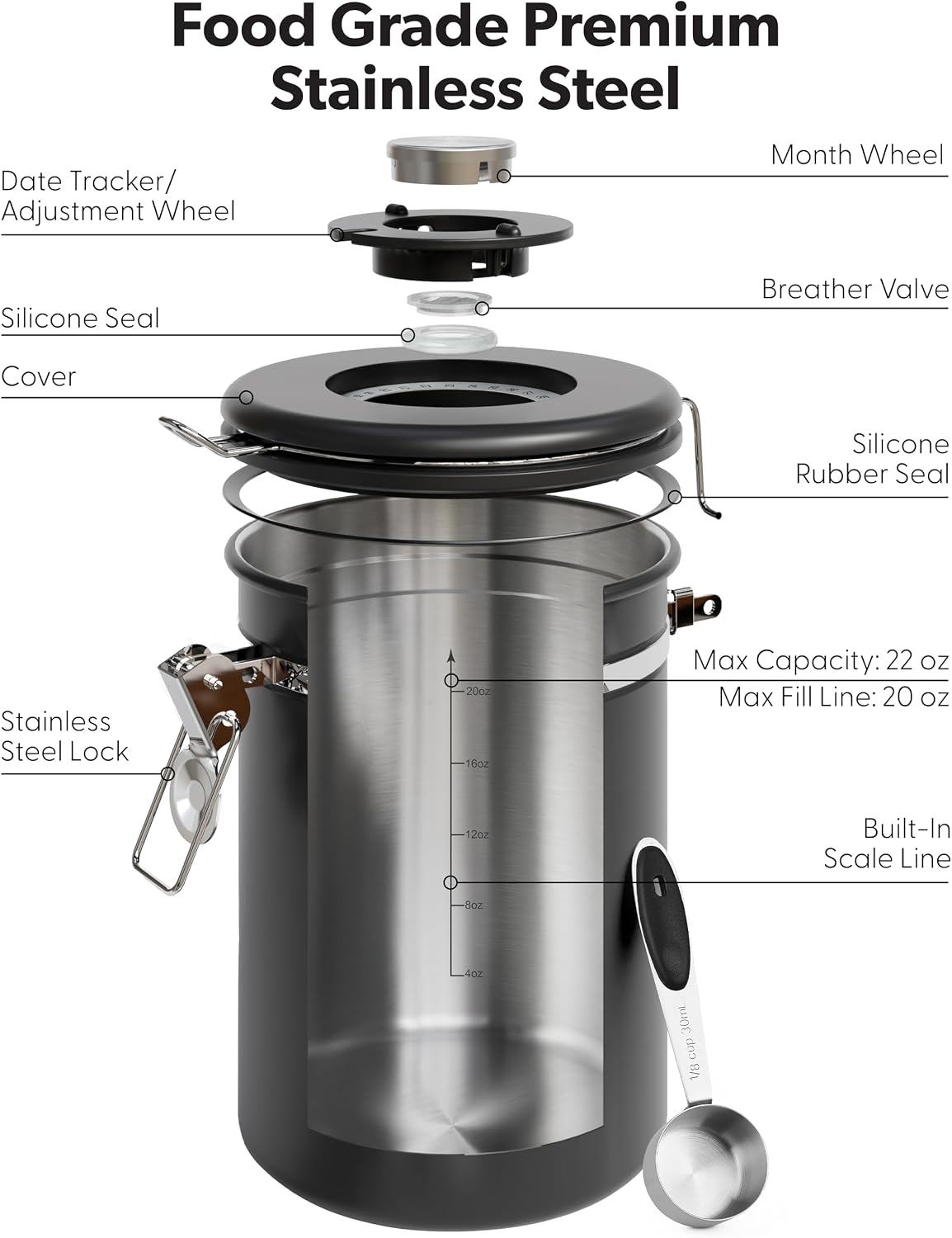 Coffee Canister with Window, Airtight Stainless Steel Container, 22OZ