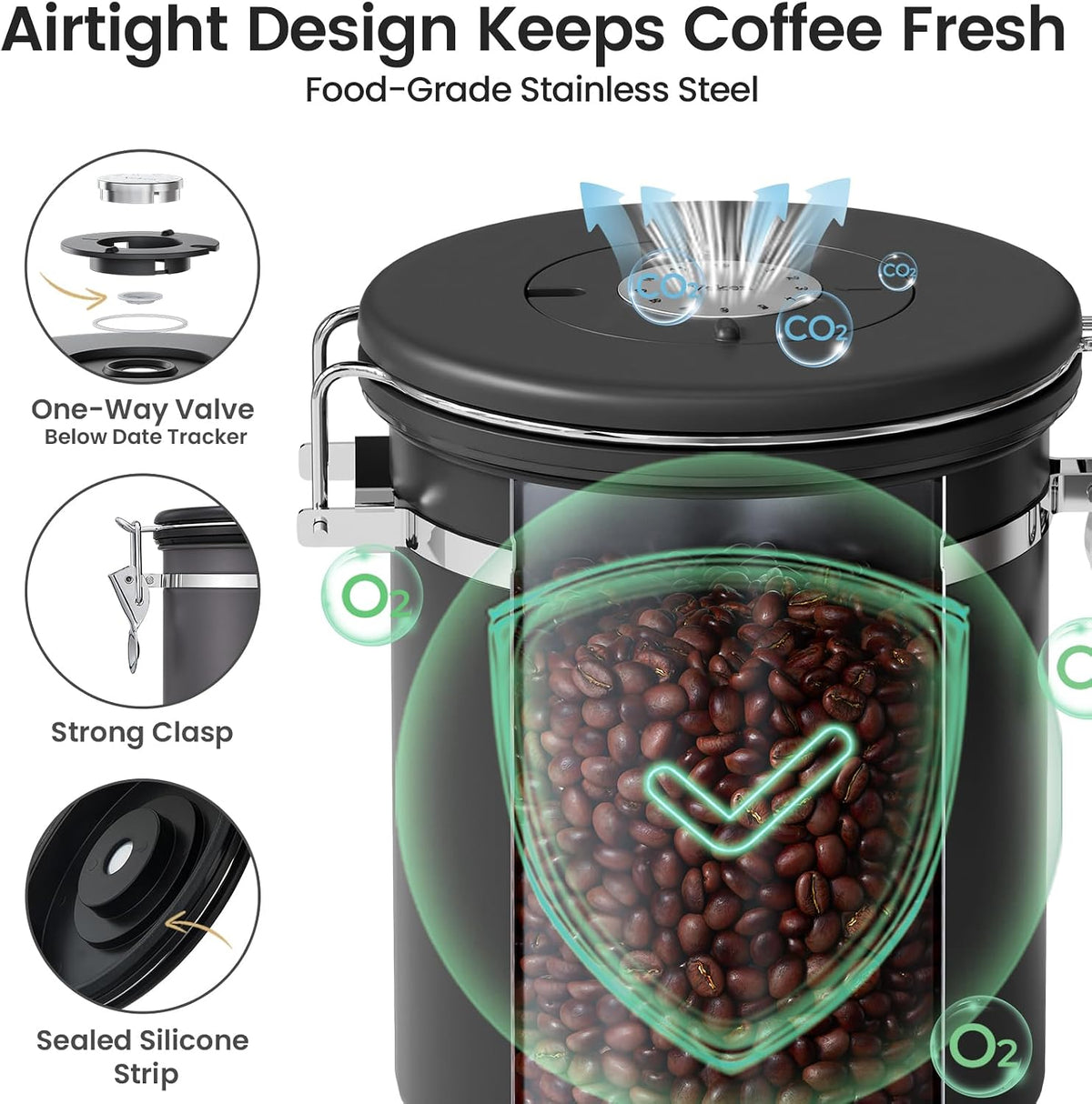 Coffee Canister with Window, Airtight Stainless Steel Container, 22OZ