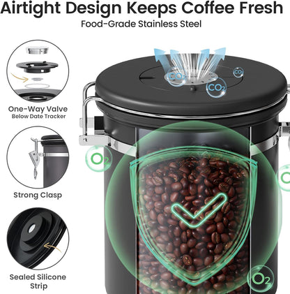 Coffee Canister with Window, Airtight Stainless Steel Container, 22OZ