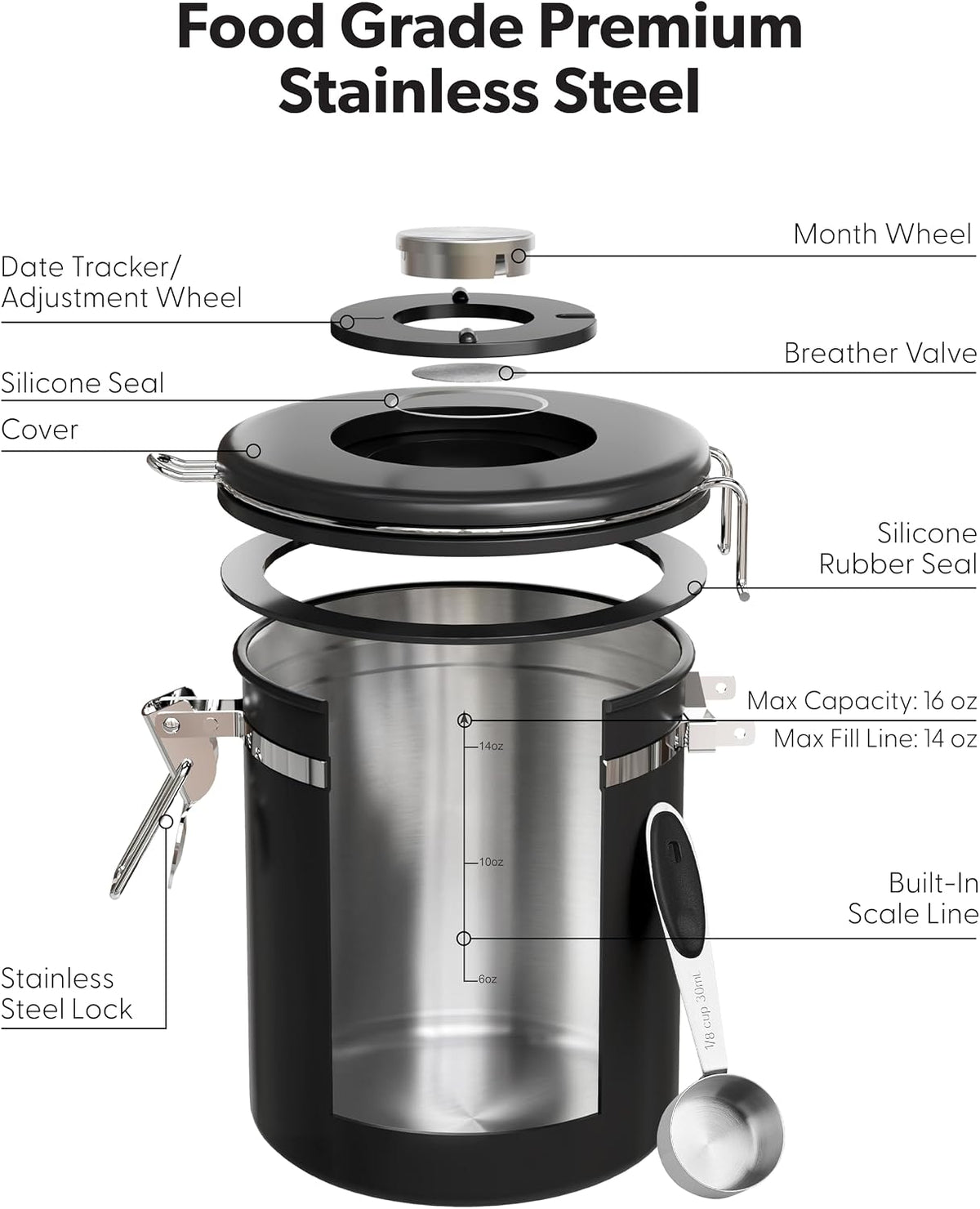 Coffee Canister with Window, Airtight Stainless Steel Container, 22OZ