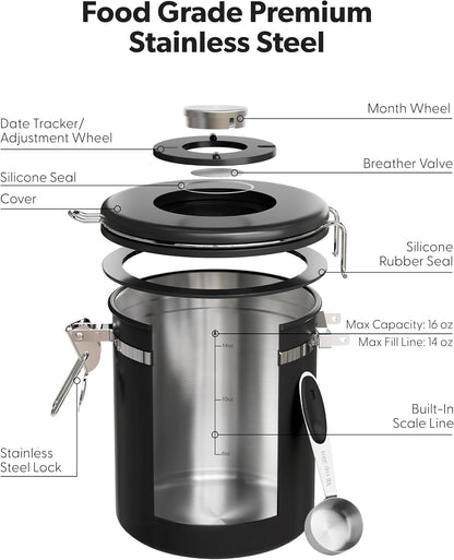 Coffee Canister with Window, Airtight Stainless Steel Container, 22OZ