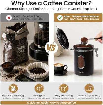 Coffee Canister with Window, Airtight Stainless Steel Container, 22OZ