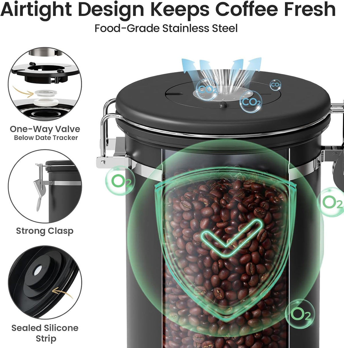 Coffee Canister with Window, Airtight Stainless Steel Container, 22OZ