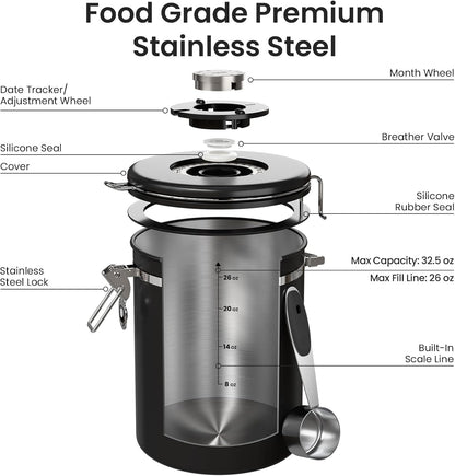 Coffee Canister with Window, Airtight Stainless Steel Container, 22OZ