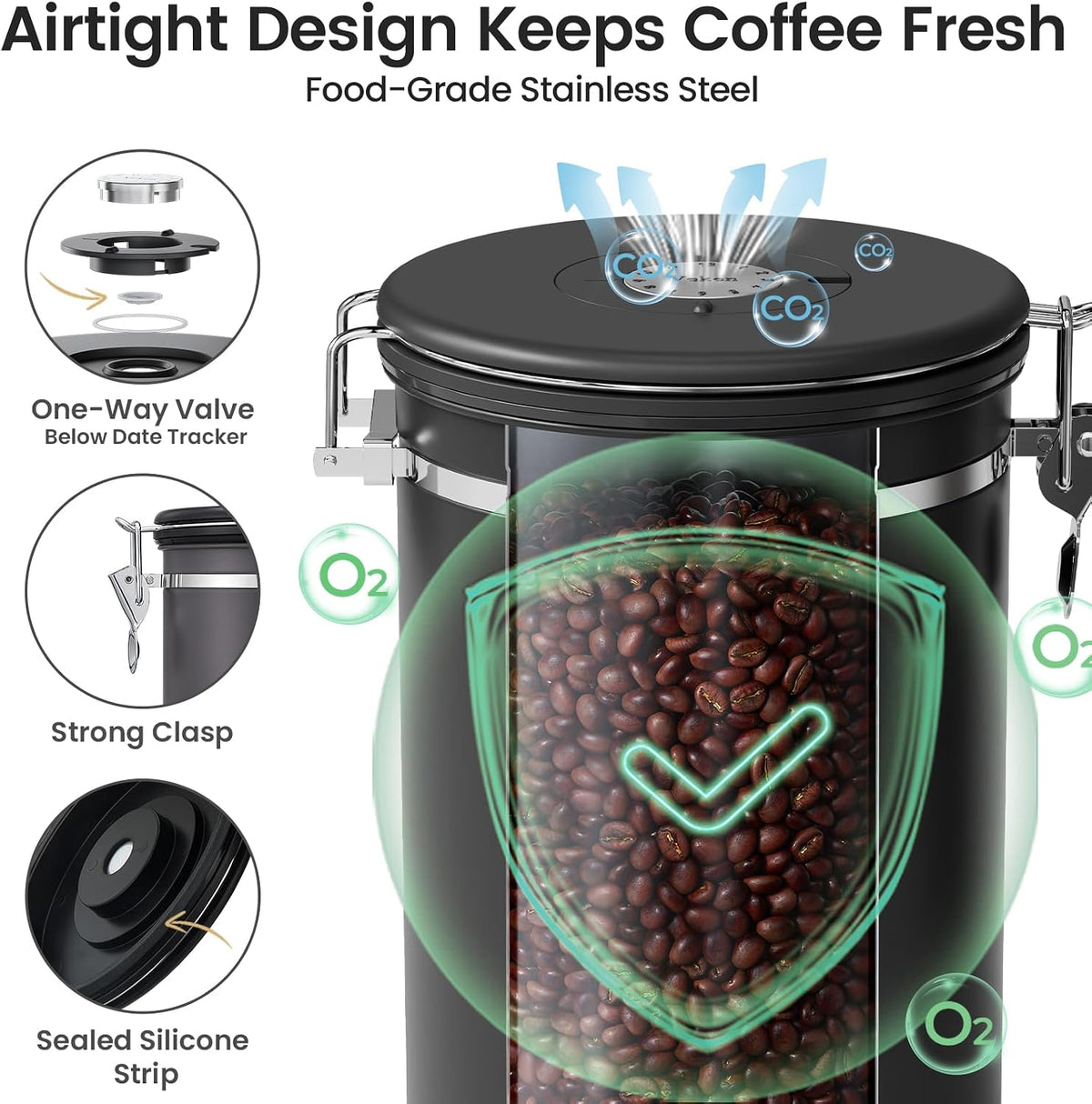 Coffee Canister with Window, Airtight Stainless Steel Container, 22OZ