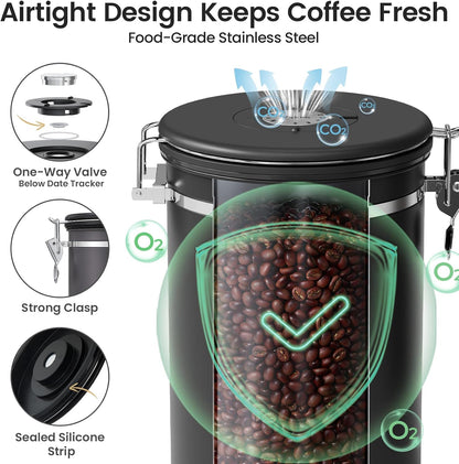 Coffee Canister with Window, Airtight Stainless Steel Container, 22OZ