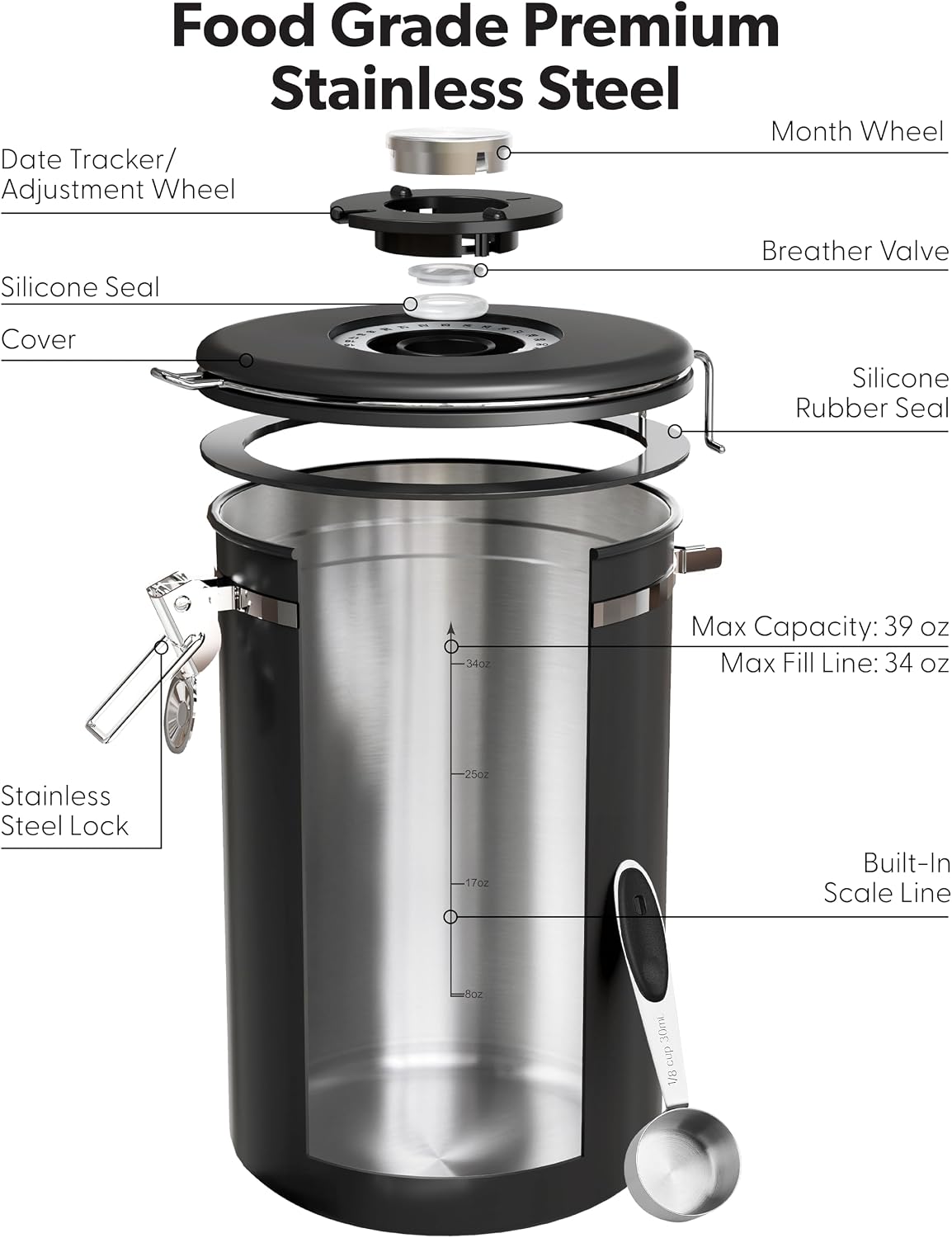 Coffee Canister with Window, Airtight Stainless Steel Container, 22OZ