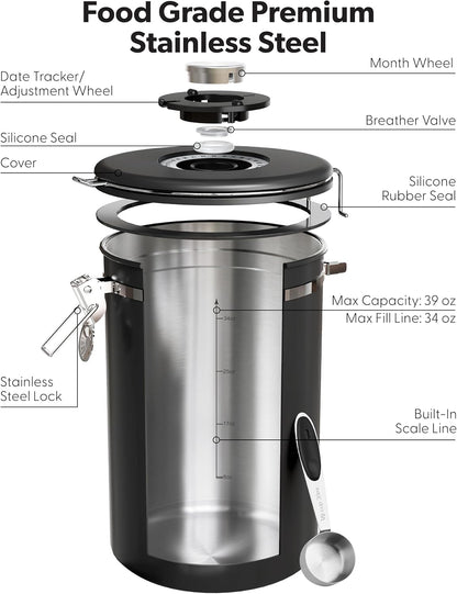 Coffee Canister with Window, Airtight Stainless Steel Container, 22OZ