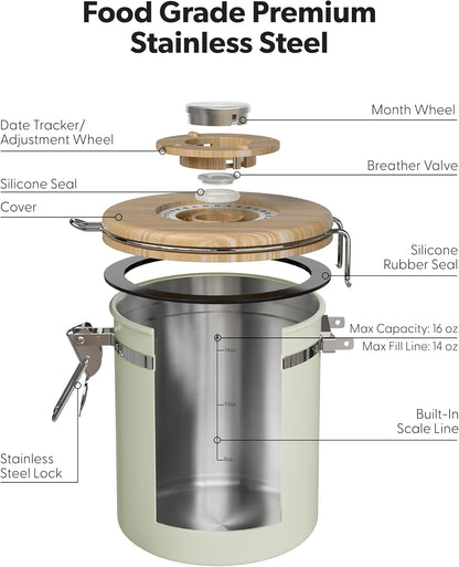 Coffee Canister with Window, Airtight Stainless Steel Container, 22OZ