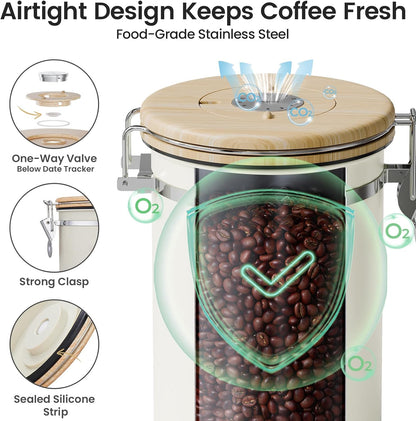 Coffee Canister with Window, Airtight Stainless Steel Container, 22OZ