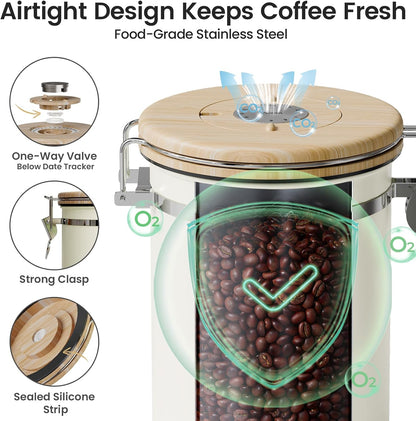 Coffee Canister with Window, Airtight Stainless Steel Container, 22OZ