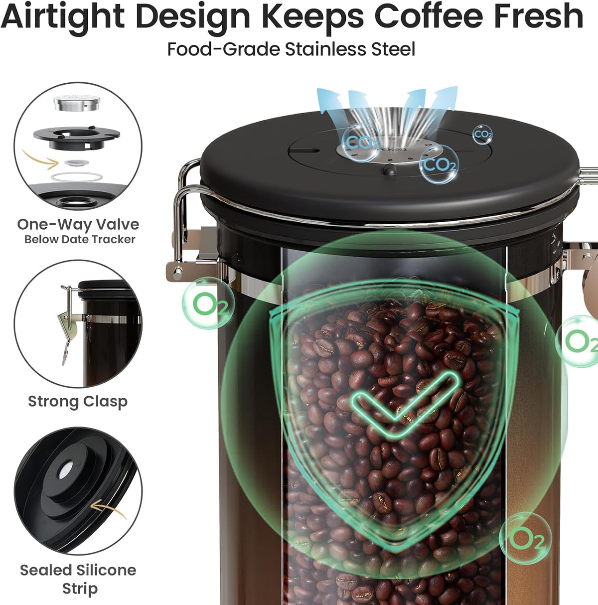 Coffee Canister with Window, Airtight Stainless Steel Container, 22OZ